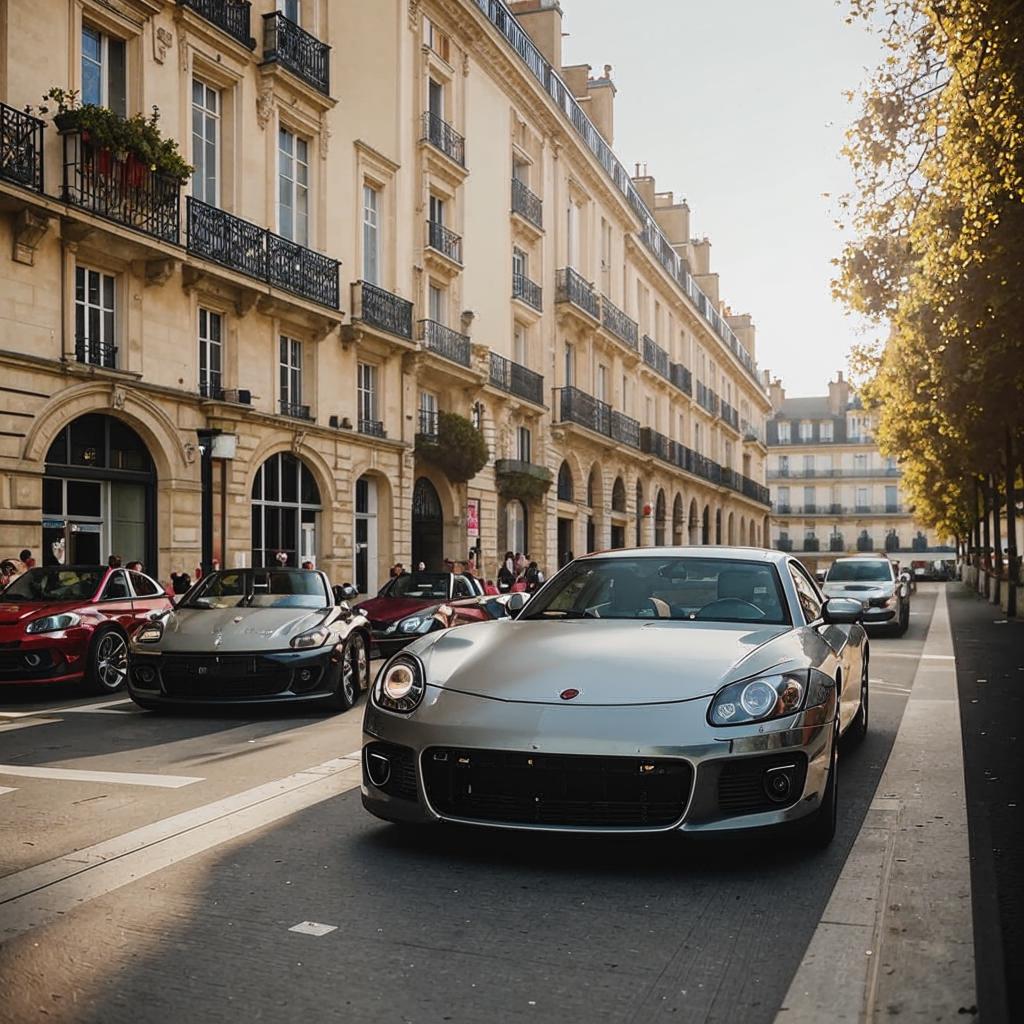 service de vente et réparation de voitures de luxe en France avec véhicules élégants et fond urbain